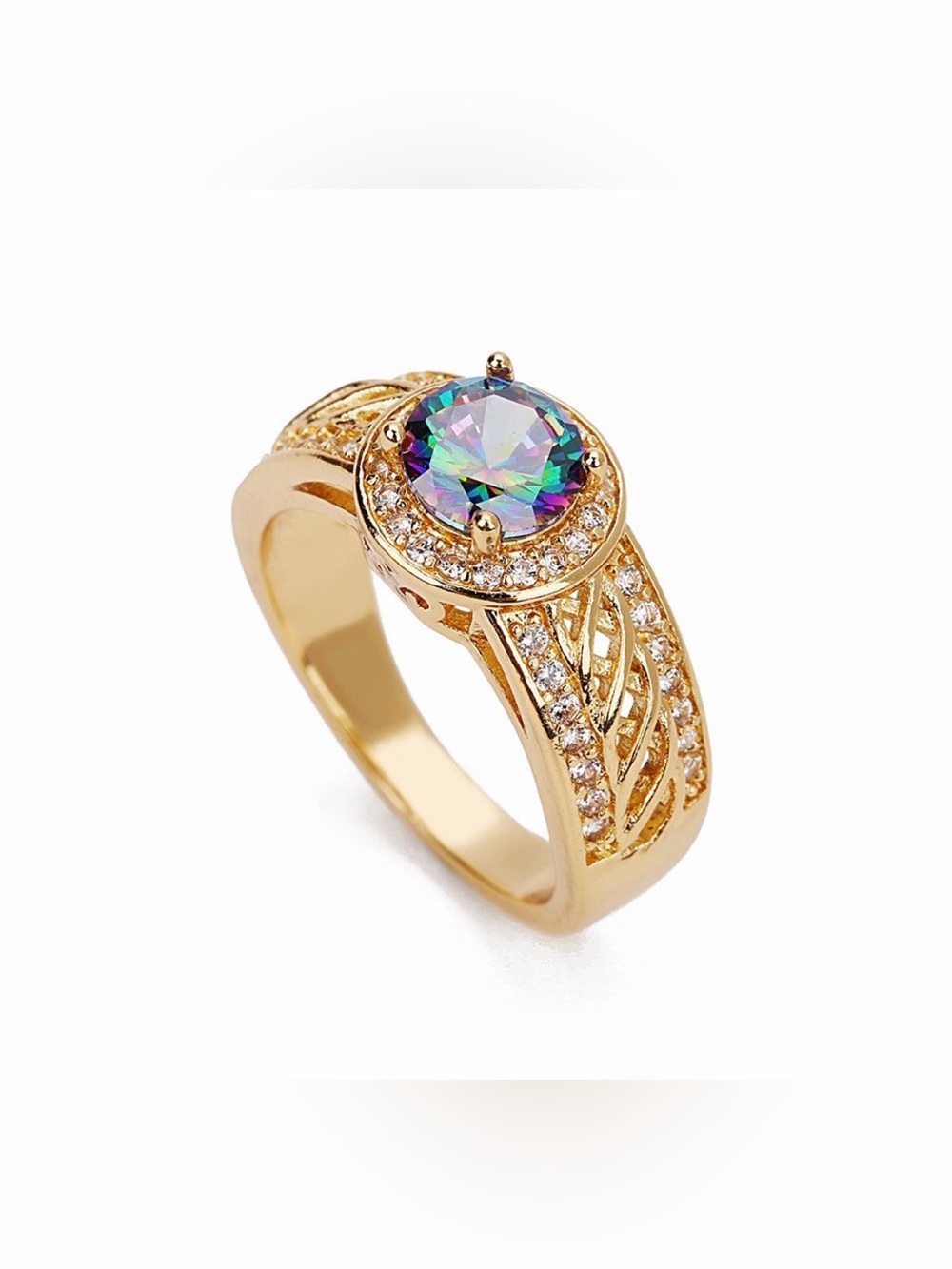 Gold Tone Rainbow Oval Stone Halo Ring Filigree Statement Band (R4) - Picture 2 of 6